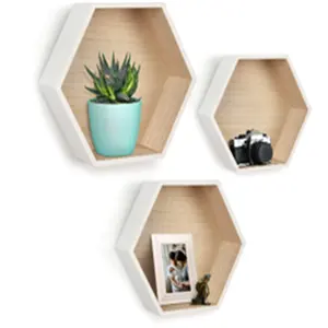 Caixas de sombra de madeira montadas na parede rústica, conjunto de prateleira hexagonal de 3