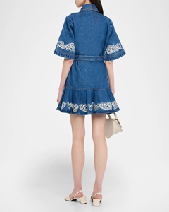 Robe chemise en jean bleu brodée pour femme, robe en jean à volants, tenue de tous les jours, robe en jean à boutons - Product Image 3