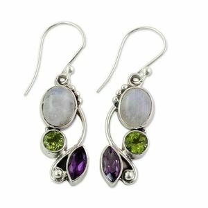 Boucles d'oreilles en pierre de lune arc-en-ciel naturelle ovale 6x8 MM et pierres précieuses d'améthyste et de péridot, 2,20 carats, en argent sterling 925 - Product Image 5