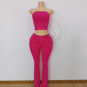 Ensemble de vêtements de yoga pour femmes en deux pièces, avec logo personnalisé, bandeau, t-shirt à manches courtes en coton et pantalon évasé, ensembles de vêtements de détente en deux pièces - Product Image 5