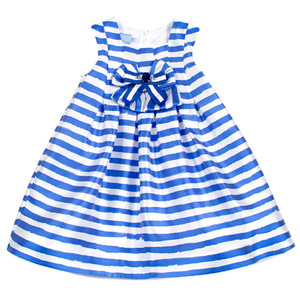 OEM o ODM-vestidos de satén con lazo en la parte delantera para niñas, ropa blanca con rayas azul caramelo para niñas - Product Image 2
