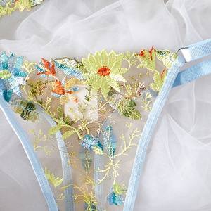 Ensemble de lingerie sexy avec soutien-gorge push-up à armatures et broderie florale en V profond, et culotte transparente érotique - Product Image 2