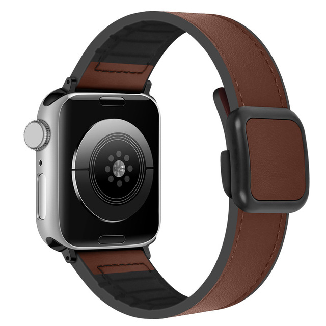 New Silicone Leather Band Compatible with IWatch 9 8 7 6 5 4 SE Magnetic Buckle Strap Sport Silicone PU Leather 2-in-1 Wristband