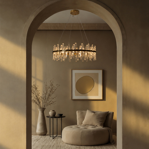Lustre contemporain rond en cristal avec anneau, laiton brossé champagne, pour villa, salle à manger, hôtel, usage commercial - Product Image 3