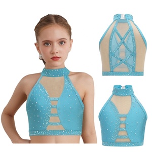 Tops Cortos Brillantes con Pedrería para Niñas, Cuello Halter, Malla Recortada, Ropa para Actuaciones Escénicas, en Varios Colores - Product Image 2