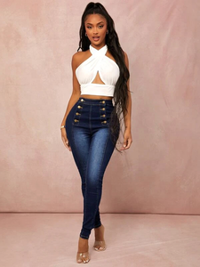 <span class=keywords><strong>Jean</strong></span> <span class=keywords><strong>Slim</strong></span> Stretch pour <span class=keywords><strong>femme</strong></span>, pantalon crayon, <span class=keywords><strong>Slim</strong></span>, décontracté, taille haute, Double boutonnage, noir, OEM - Product Image 2