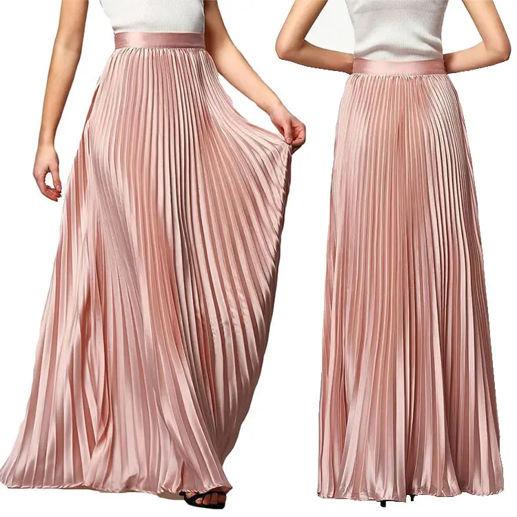 Custom Plus size summer long maxi pleated women's skirts satin skirt