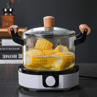 Pot en céramique avec manche en bois, casserole à soupe droite et couvercle en verre