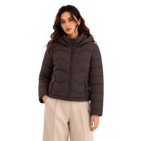 Chaqueta acolchada elástica negra con capucha para mujer, abrigo de invierno cálido con cremallera frontal y manga completa, ropa exterior personalizada