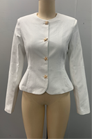 Jaket Blazer Wanita Kerah Bulat Lengan Panjang Kancing Logam Bentuk Bintang Peplum Hem Slim Fit Kain Bertekstur Jas Putih Wanita Kantoran