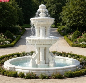 Fontaine de jardin à deux niveaux en marbre blanc sculpté à la main YOUFINE avec statues de cygnes pour l'aménagement paysager de villa - Product Image 1