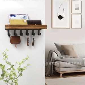 Wooden Key Rack Wall Mounted Entryway Storage <b>Shelf</b> Multi Functional Rectangle Shape With <b>Hooks</b> For Home Organization - Product Image 3