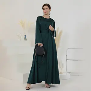 Luxe Jurken Eid Nieuw Ontwerp Satijn Diamant Dubai Abaya Ontwerpen Islamitische Kleding Abaya Vrouwen Moslim Jurk Voorkant Open Abaya