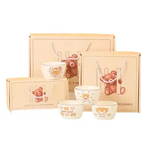 New Products Cute Lucky Bear Ceramic Tableware Korean Household Cream Color Cutlery Set Noodle Porcelain Bowl Wholesale