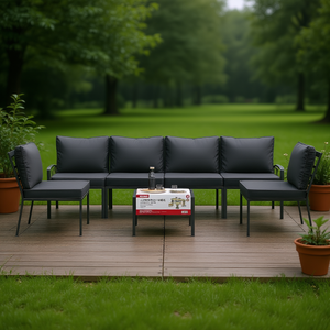 Ensemble de salon de jardin 6 places, structure en acier noir thermolaqué, mobilier d'extérieur, design contemporain - Product Image 2