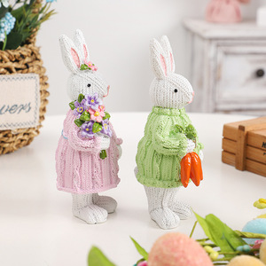DAMAI Statue Easter Decorations Bunny Figurines with Flowers Carrots Hand Painted Statue for the Spring Home Decor Office Gift - Product Image 4