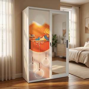 <span class=keywords><strong>Armoire</strong></span> coulissante en acier imprimée à prix abordable, avec miroir intégral, placard métallique anti-rouille pour vêtements, meuble de rangement pour chambre à coucher, idéal pour petit appartement - Product Image 2