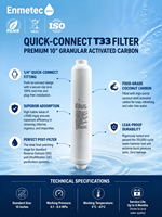 Filter Air Reverse Osmosis Enmetec Inline T33 Post Carbon 0.1 Mikron 400 GPD Sambungan Cepat Tenaga Kendaraan Rumah Tangga Hotel