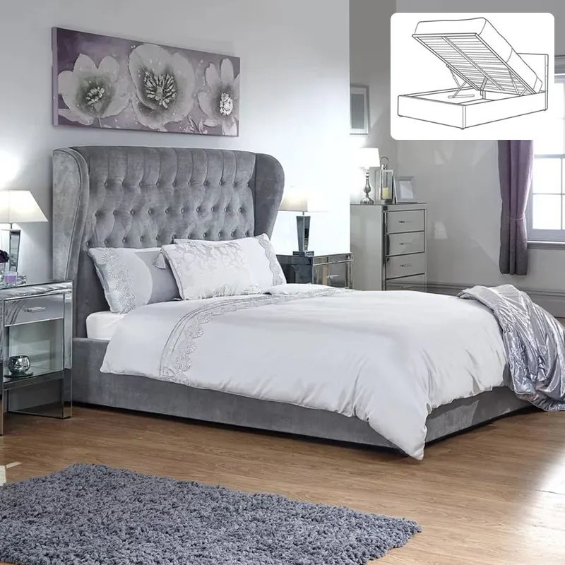 जलाया Complet अपार्टमेंट असबाबवाला डबल भंडारण बिस्तर फ्रेम के साथ राजा आकार डबल बिस्तर भंडारण लिफ्ट फ्रेम गैस वसंत हाइड्रोलिक