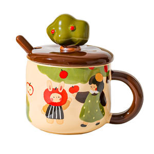 Mug rétro en céramique Apple Tree Girl avec couvercle et cuillère, cadeau d'affaires écologique de luxe pour le bureau, couleur et capacité personnalisables - Product Image 6