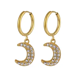 Boucles d'oreilles créoles en or 18k, accessoires de mode pour femmes, boucles d'oreilles en acier inoxydable sans ternir, croissant de lune en cristal, tendance