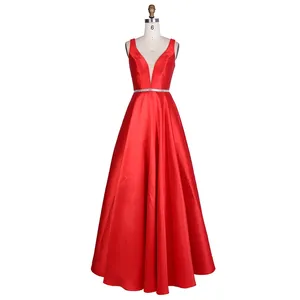 Red color high quality cheap price Hot Sell Deep V Neck Sleeveless A Line stone waistline Dinner Dress Party Lady Evening Prom D