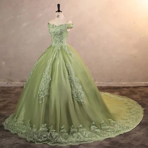Off Shoulder Light Green Evening Gown Empire Waist Floral Lace Long Dress For Formal Events - Product Image 3