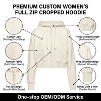 Sweat-shirt court à capuche entièrement zippé personnalisé pour femme, en coton écologique délavé à l'acide avec badges et sequins, vente en gros pour e-commerce