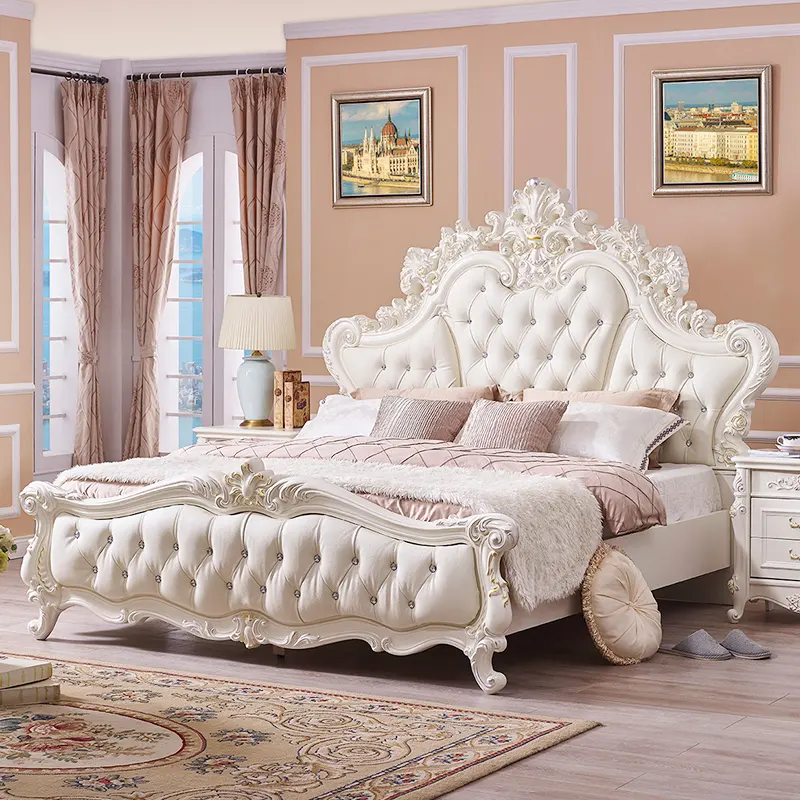 Lüks kraliyet yatak odası Set fransız antika yatak kral ve kraliçe lüks deri çift yataklar