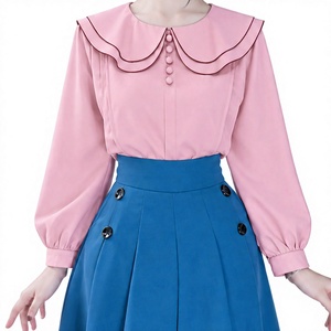 Blusa de Oficina de Manga Larga para Mujer, Diseño OEM ODM, Doble Capa, Cuello Peter Pan, Ribete en Contraste, Elegante, Color Sólido, para el Trabajo - Product Image 1