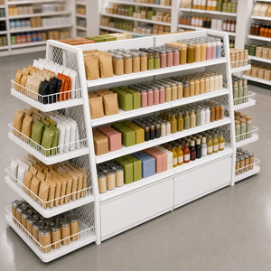 Scaffalature Bifacciali <span class=keywords><strong>per</strong></span> Supermercati, <span class=keywords><strong>Ripiani</strong></span> in Plastica con Telaio in Acciaio Bianco, Cestelli Laterali in Rete, Espositore Gondola <span class=keywords><strong>per</strong></span> Negozi al Dettaglio - Product Image 4
