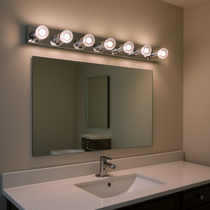 Luminaire de salle de bain moderne à LED 52 pouces, 7 lumières, finition chrome et fer, lampe de miroir murale à intensité variable - Product Image 2