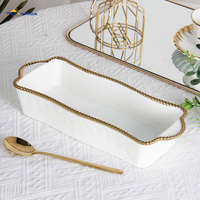 Service de vaisselle de luxe en porcelaine avec bordure perlée or et argent, assiettes et bols haut de gamme, vaisselle de table premium, réutilisable, résistant à la chaleur, en stock