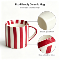 Mug à café en céramique à rayures rouges et blanches de style japonais minimaliste, peint à la main, pour latte, cappuccino, thé, vaisselle de cuisine