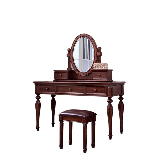 American-style Vanity Vintage Country Bedroom Solid Wood Multifunctional Makeup Table Mirror Old-money-inspired Black Walnut