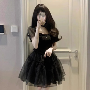 French Style Black Puff Sleeve U Neck Summer Dress With Sheer Layer Mini Skirt For Petite Figures Daily Wear - Product Image 2
