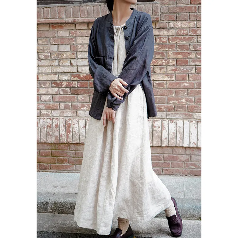 Custom Designer Summer High Quality Plain Loose Halter 100 Cotton Linen Women Dress Lino Falda Elegant Long Casual Dress