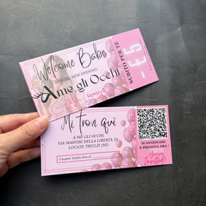 Boletos de Evento Impresos a Todo Color en Rosa de Lujo - Tarjetas de Cupón Personalizadas con Código QR y Perforación para Desprendimiento - Product Image 2