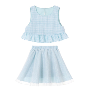 Conjuntos de roupas de bebê, conjuntos de roupas de bebê meninas azul xadrez sem mangas camiseta e tule saia curta conjuntos de roupas para meninas - Product Image 3