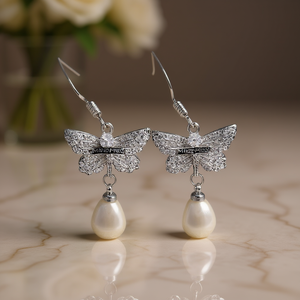 Boucles d'oreilles pendantes papillon en perles de millet, plaqué or blanc, strass en cristal, style romantique pour femme, mariage, E3803 - Product Image 2