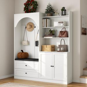 SENYU Moderno Mueble de Entrada Blanco con Perchero, Banco, 4 Ganchos, 5 Estantes, Armario para Zapatos, Mueble Multifuncional - Product Image 2