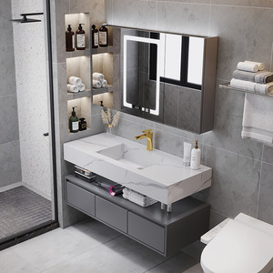 Armoire de salle de bain gris foncé, armoire de rangement en verre avec miroir, comptoir blanc, lavabo, corps d'armoire mural - Product Image 4