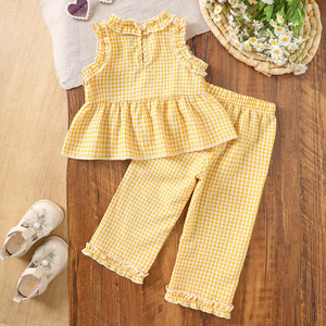 Nouvel ensemble d'été 2025 pour fille : Haut sans manches à carreaux tendance et décontracté + Pantalon – Tenue mignonne - Product Image 2
