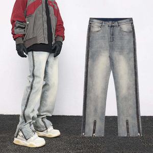 Unisex Light Fashion Side Zip Detail Denim <b>Pants</b>, Distressed Vintage Washed Straight-Leg Jeans for Streetwear Daily Casual Wear - Product Image 2