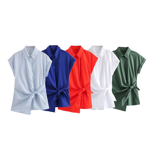 Camisa de Popelina de Manga Corta para Mujer con Lazo Cruzado en la Parte Delantera, Cuello con Botones, Estilo Casual, Primavera Verano, Rayas y Colores Sólidos - Product Image 1