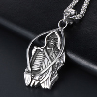 Collier pour homme en acier inoxydable, forme de crâne et de faucille, vente en gros, bijoux de squelette de jeu, cadeau d'anniversaire pour petit ami