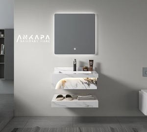 Meuble-lavabo de salle de bain mural de luxe moderne avec comptoir en pierre Miroir intelligent à DEL et lavabo en céramique - Product Image 1