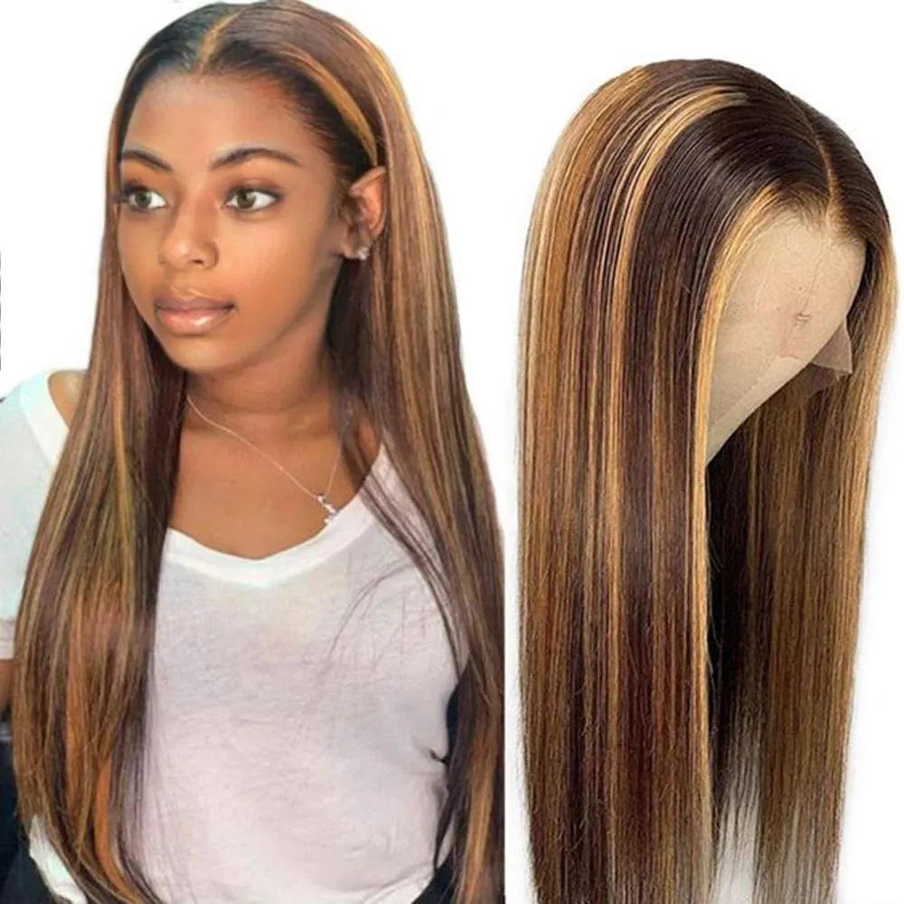Perruques lace front wig brésiliennes naturelles, perruques cheveux humains, pre-plucked, longues, lisses, couleur miel blond, balayage en vrac, 13x4, 100%