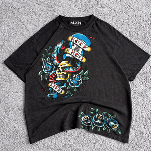 Camiseta MZN para Hombre, Estilo Rock <span class=keywords><strong>N</strong></span> Roll, con Estampado de Calavera y Rosas, Vintage, Lavada, de Algodó<span class=keywords><strong>n</strong></span> Grueso, 220g, Ecológica - Product Image 1