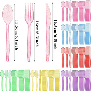 Vaisselle jetable en plastique transparent coloré avec paillettes pour fêtes, couteaux, cuillères, fourchettes pour anniversaires et événements - Product Image 1